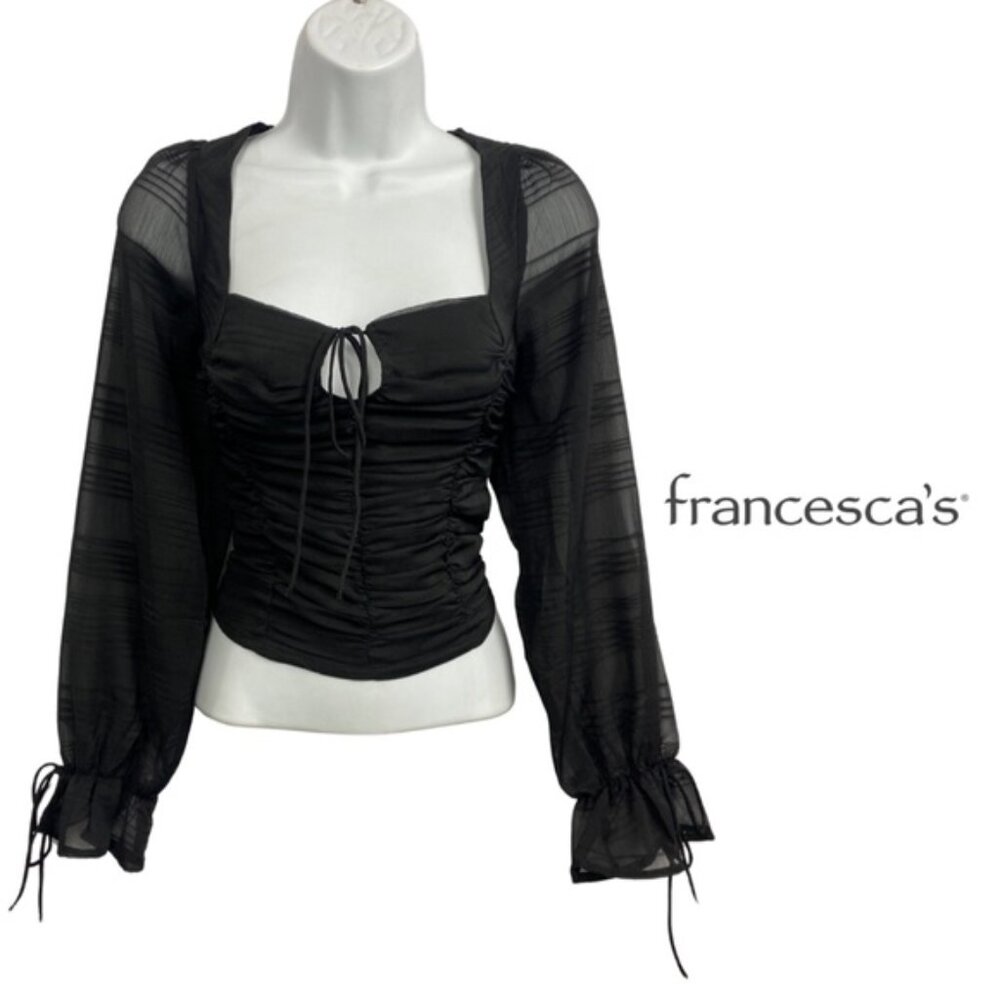 Francesca’s Audrey Parks Ruched Sheer Long Sleeve Square Neck Blouse Black - M